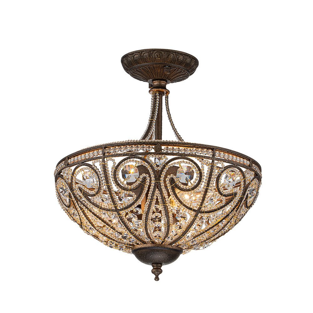 Lampada da soffitto semi flush in cristallo a ciotola vintage di lusso a 3 luci