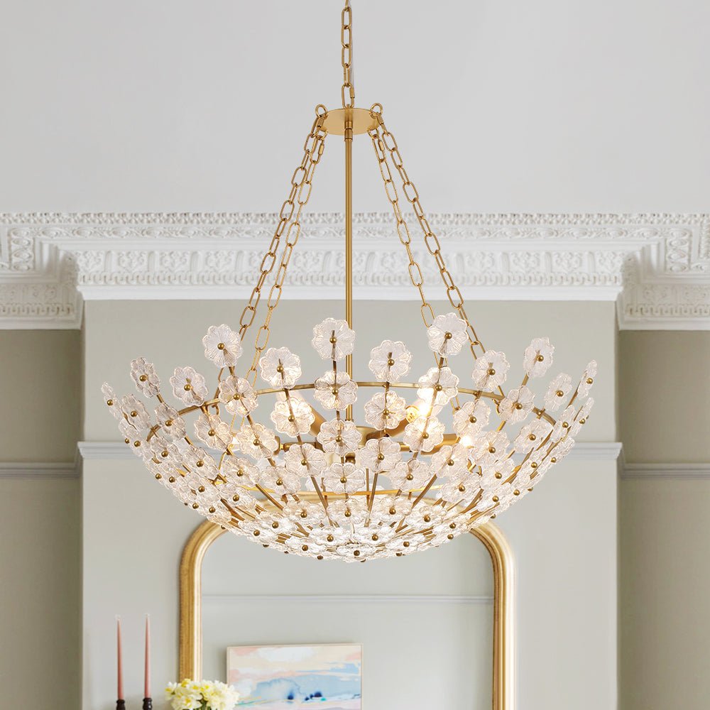 Lampadario in Vetro Floreale a 6 Luci con Design a Cesto di Fiori di Prugno Vintage di Lusso