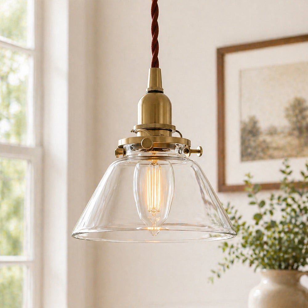 Lampada a sospensione vintage retro con cono in vetro trasparente plissettato a 1 luce