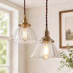Lampada a sospensione vintage retro con cono in vetro trasparente plissettato a 1 luce