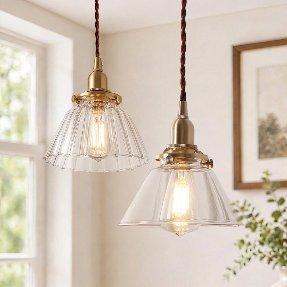Lampada a sospensione vintage retro con cono in vetro trasparente plissettato a 1 luce