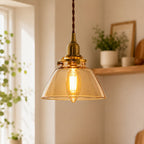 Lampada a sospensione vintage retro con cono in vetro trasparente plissettato a 1 luce