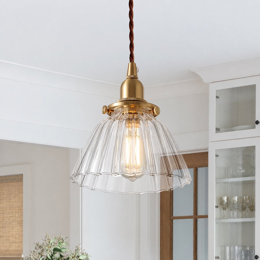 Lampada a sospensione vintage retro con cono in vetro trasparente plissettato a 1 luce