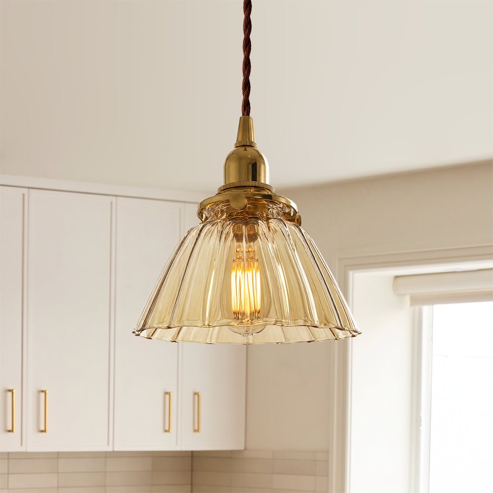 Lampada a sospensione vintage retro con cono in vetro trasparente plissettato a 1 luce
