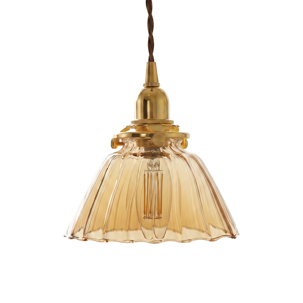 Lampada a sospensione vintage retro con cono in vetro trasparente plissettato a 1 luce