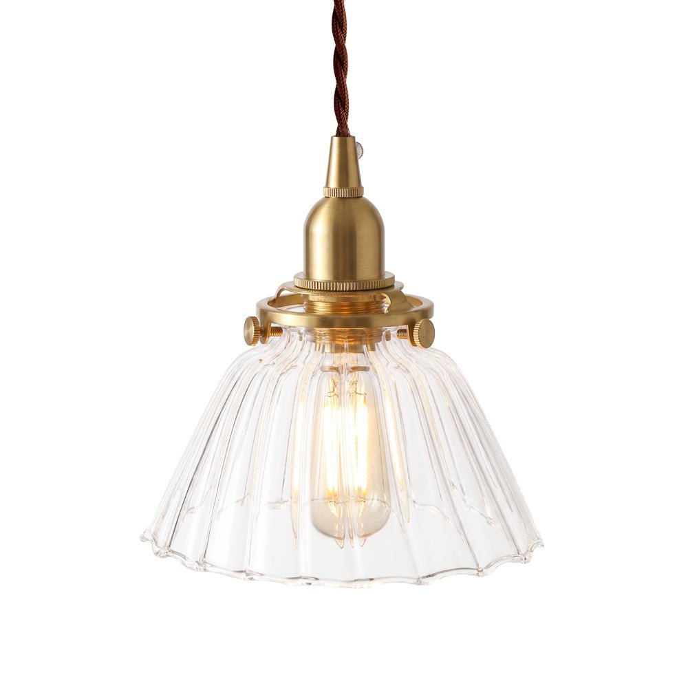 Lampada a sospensione vintage retro con cono in vetro trasparente plissettato a 1 luce