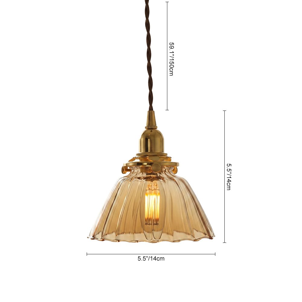 Lampada a sospensione vintage retro con cono in vetro trasparente plissettato a 1 luce