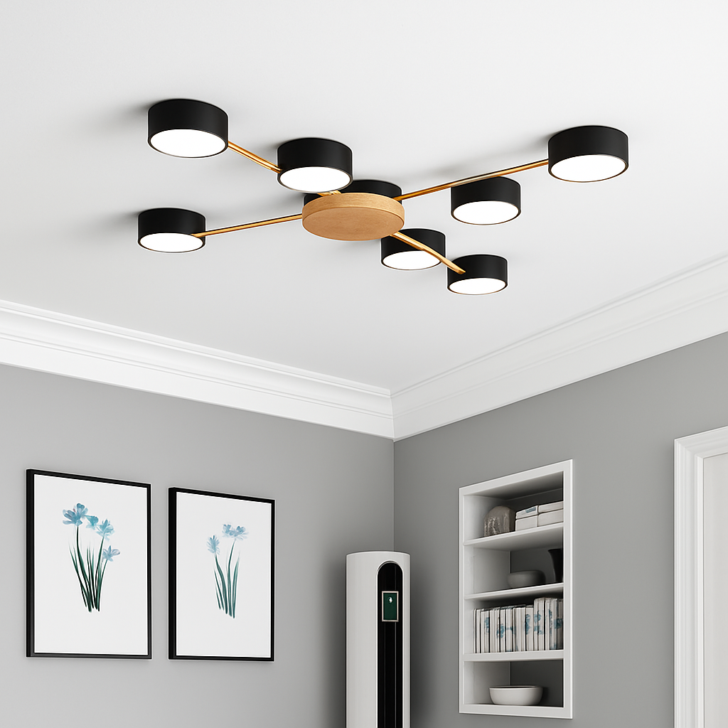 Plafoniera LED design in metallo e legno con diverse lampade rotonde Aibiou