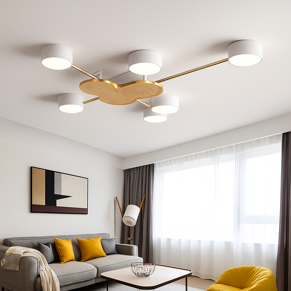 Plafoniera LED design in metallo e legno con diverse lampade rotonde Aibiou