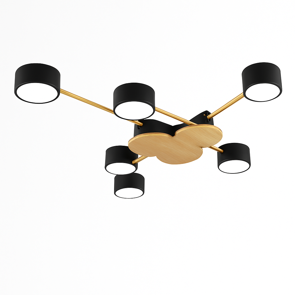 Plafoniera LED design in metallo e legno con diverse lampade rotonde Aibiou