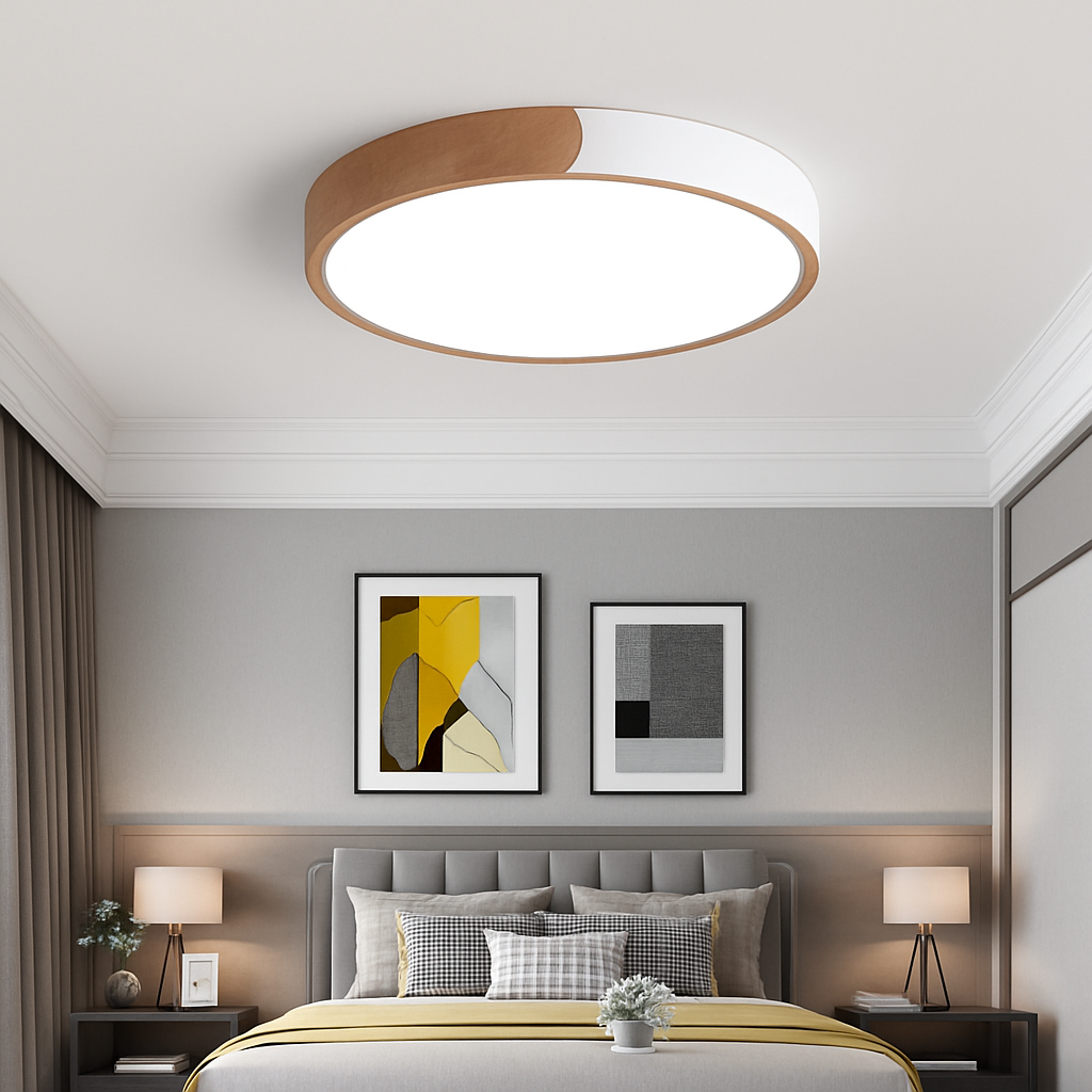 Plafoniera LED rotonda in metallo e legno arrotondato Macaron