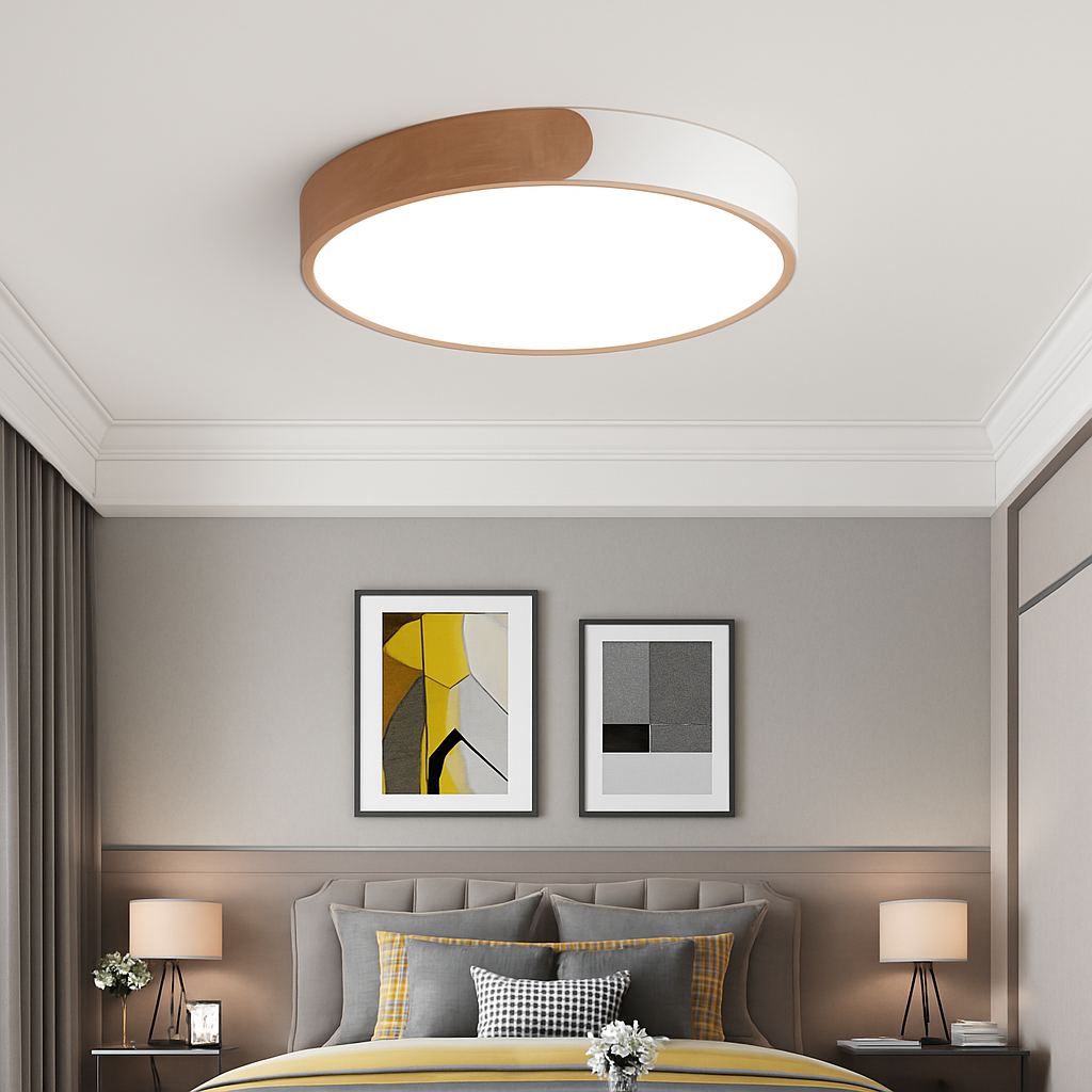 Plafoniera LED rotonda in metallo e legno arrotondato Macaron