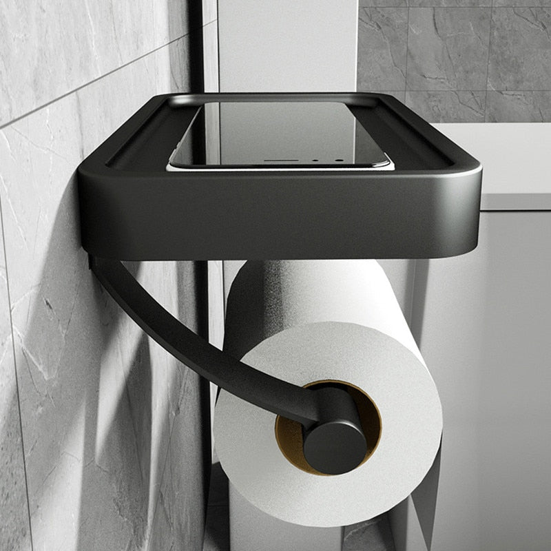 Davi | Porta rotolo di carta igienica in acciaio inox nero opaco con ripiano per bagni moderni e WC