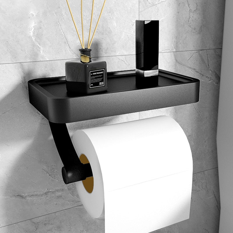 Davi | Porta rotolo di carta igienica in acciaio inox nero opaco con ripiano per bagni moderni e WC