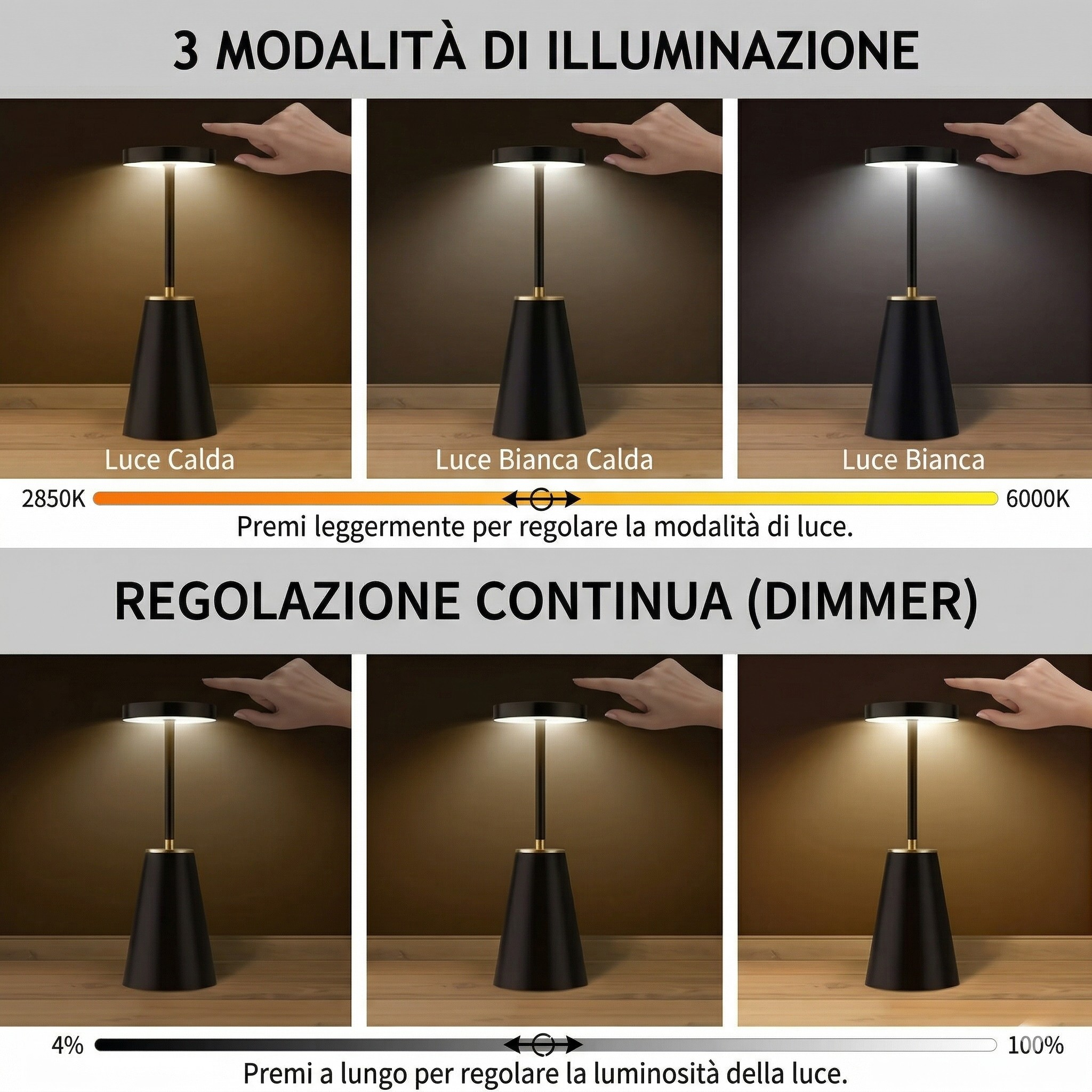 Lampada da Tavolo Senza Fili LED Dimmerabile Touch Design Moderno di Lusso