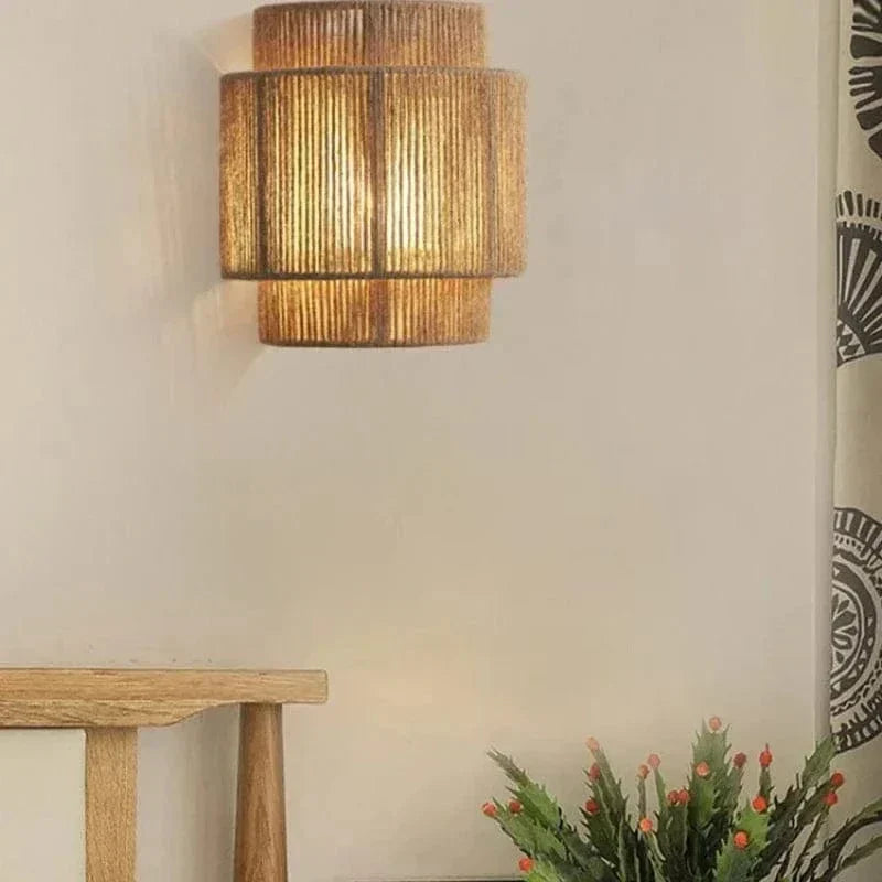 Lampada da Parete in Rattan e Bambù Intrecciata a Mano