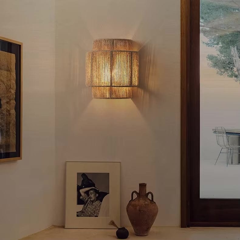 Lampada da Parete in Rattan e Bambù Intrecciata a Mano