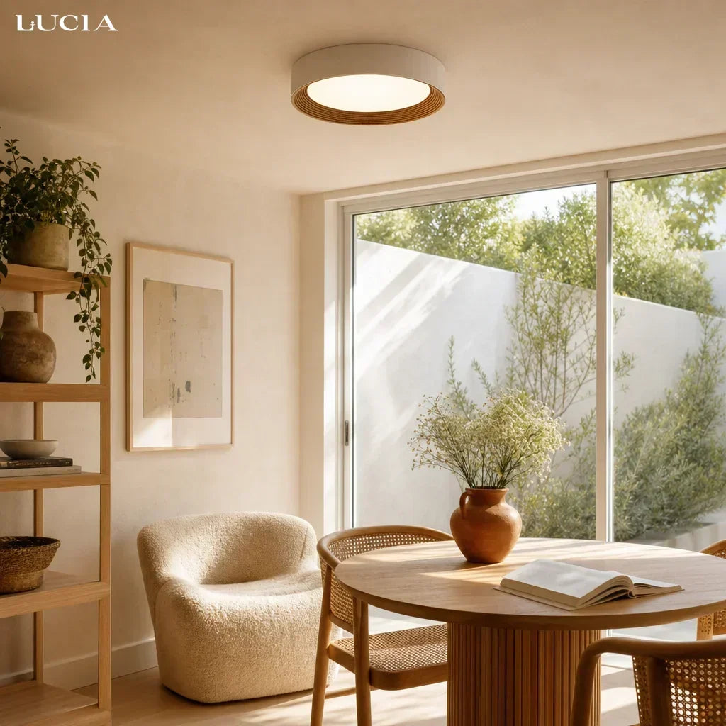 Lampada da soffitto LED rotonda con bordo in legno – Luce calda in design nordico