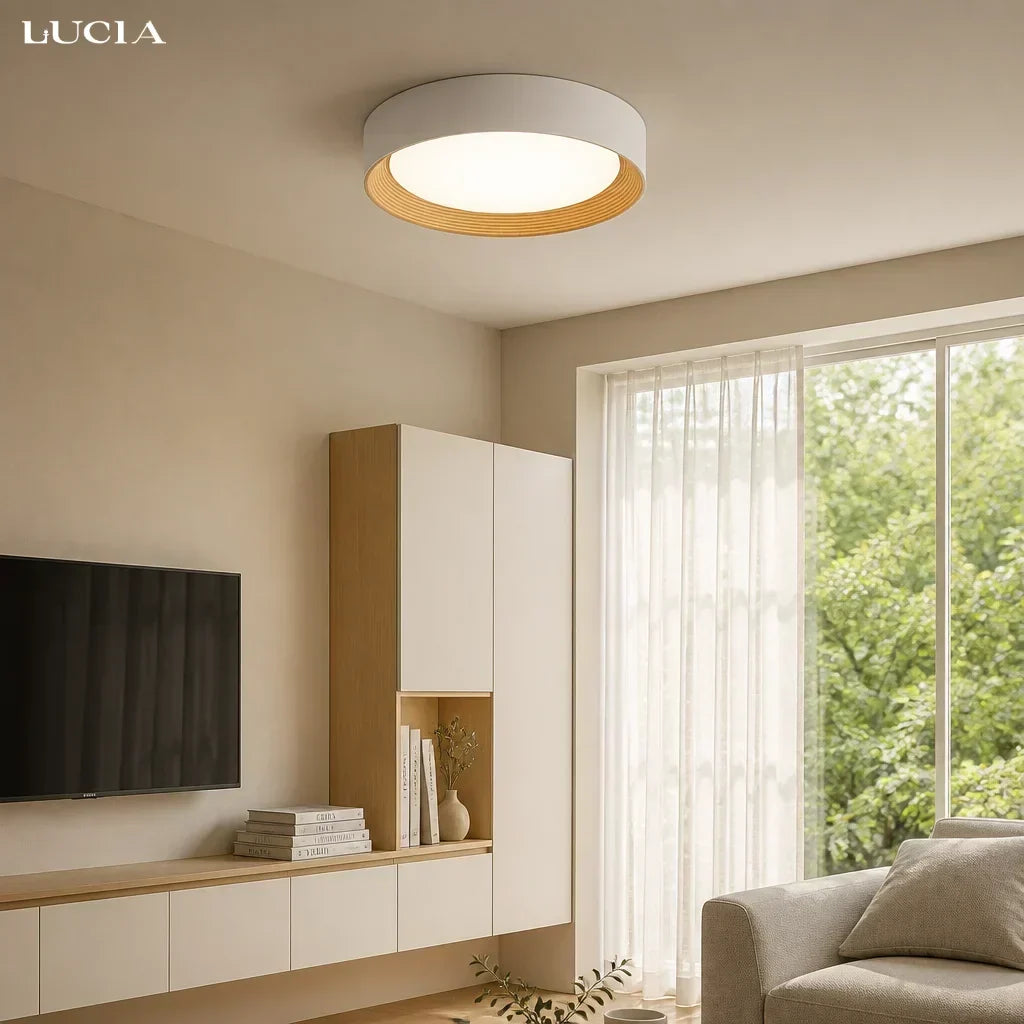 Lampada da soffitto LED rotonda con bordo in legno – Luce calda in design nordico