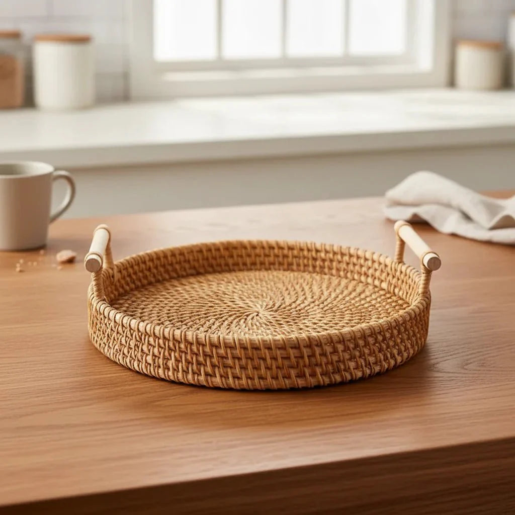 RUSTICPANTRY – Vassoio in Rattan Intrecciato a Mano & Cesto per la Conservazione degli Alimenti con Coperchio