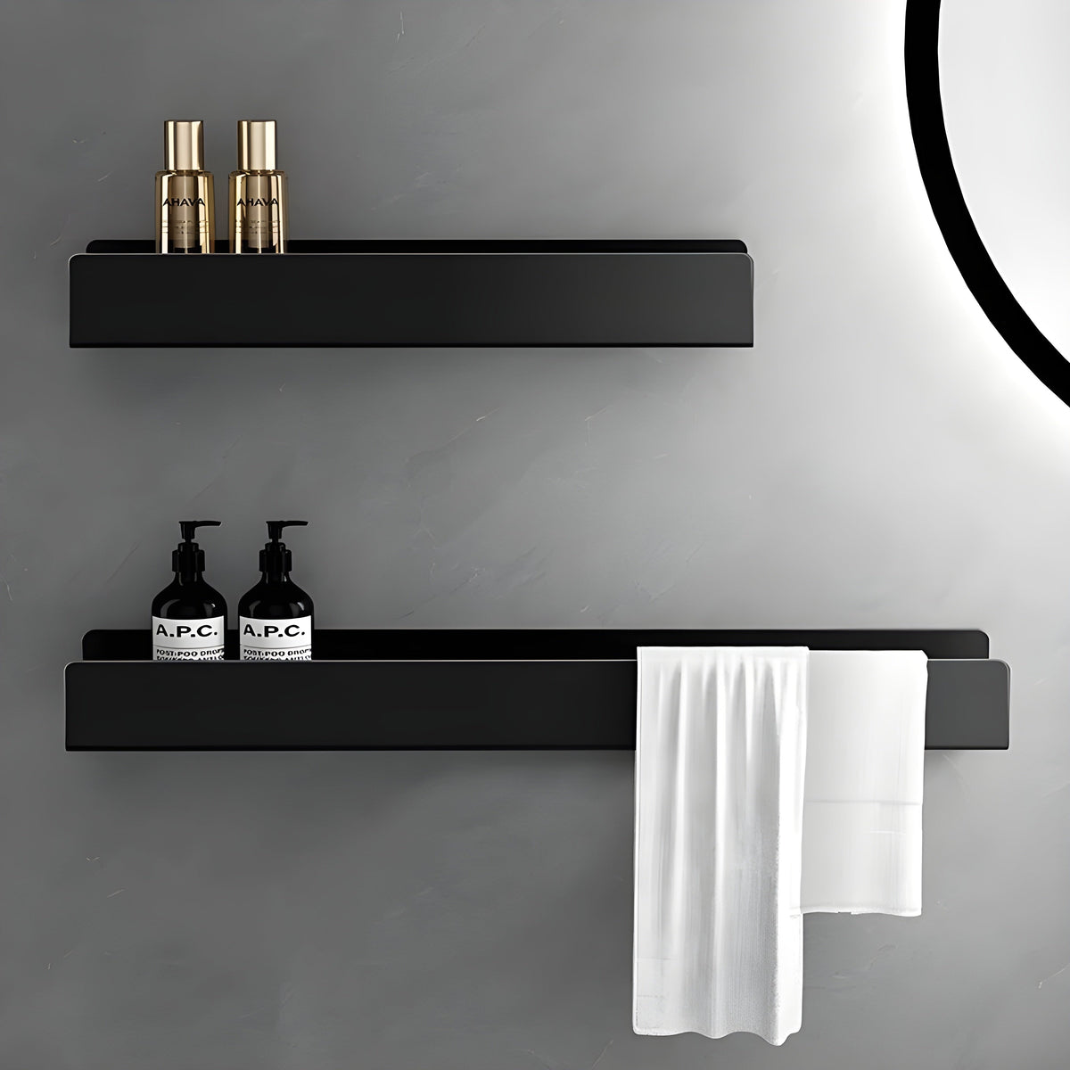 Mensola da bagno nera – Design moderno con barra per asciugamani | Pratica soluzione di stoccaggio per il bagno