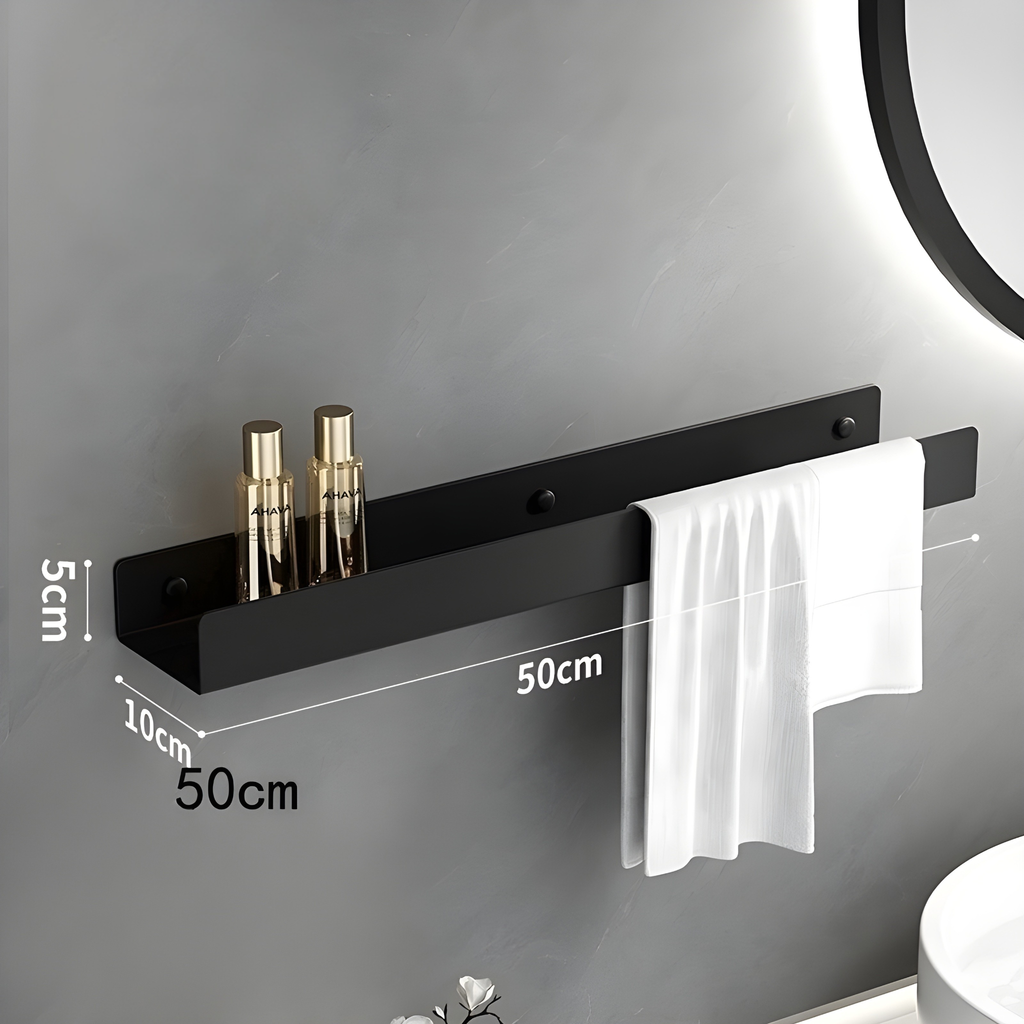 Mensola da bagno nera – Design moderno con barra per asciugamani | Pratica soluzione di stoccaggio per il bagno