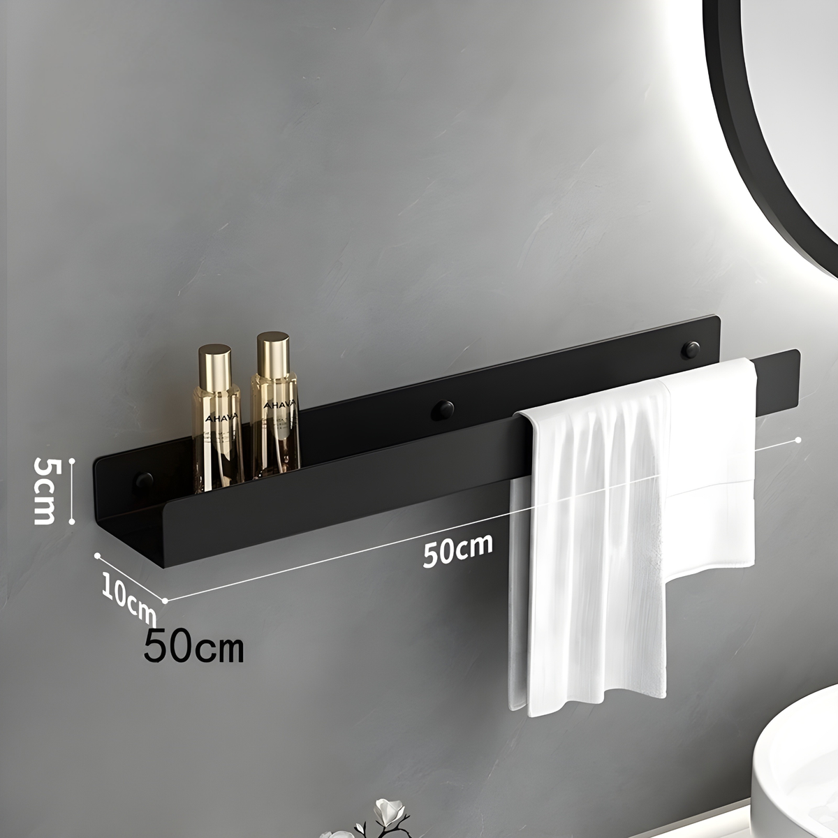Mensola da bagno nera – Design moderno con barra per asciugamani | Pratica soluzione di stoccaggio per il bagno