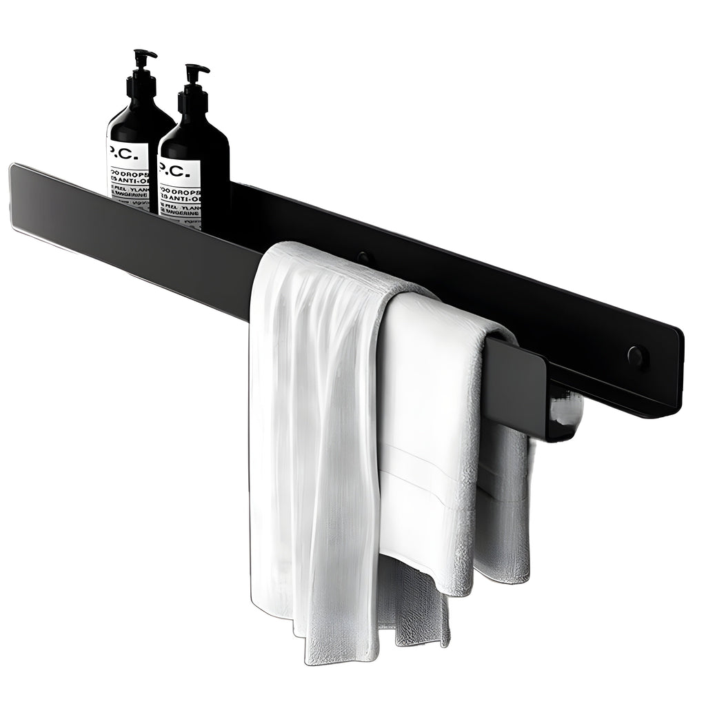 Mensola da bagno nera – Design moderno con barra per asciugamani | Pratica soluzione di stoccaggio per il bagno