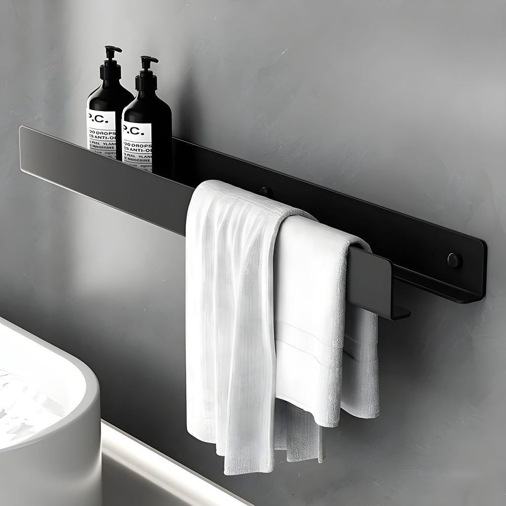 Mensola da bagno nera – Design moderno con barra per asciugamani | Pratica soluzione di stoccaggio per il bagno