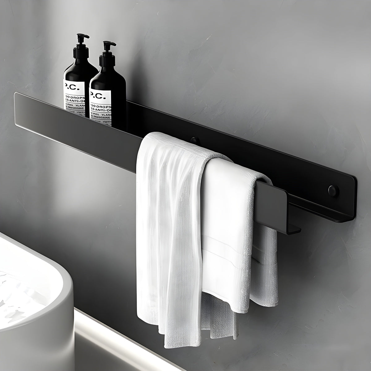 Mensola da bagno nera – Design moderno con barra per asciugamani | Pratica soluzione di stoccaggio per il bagno