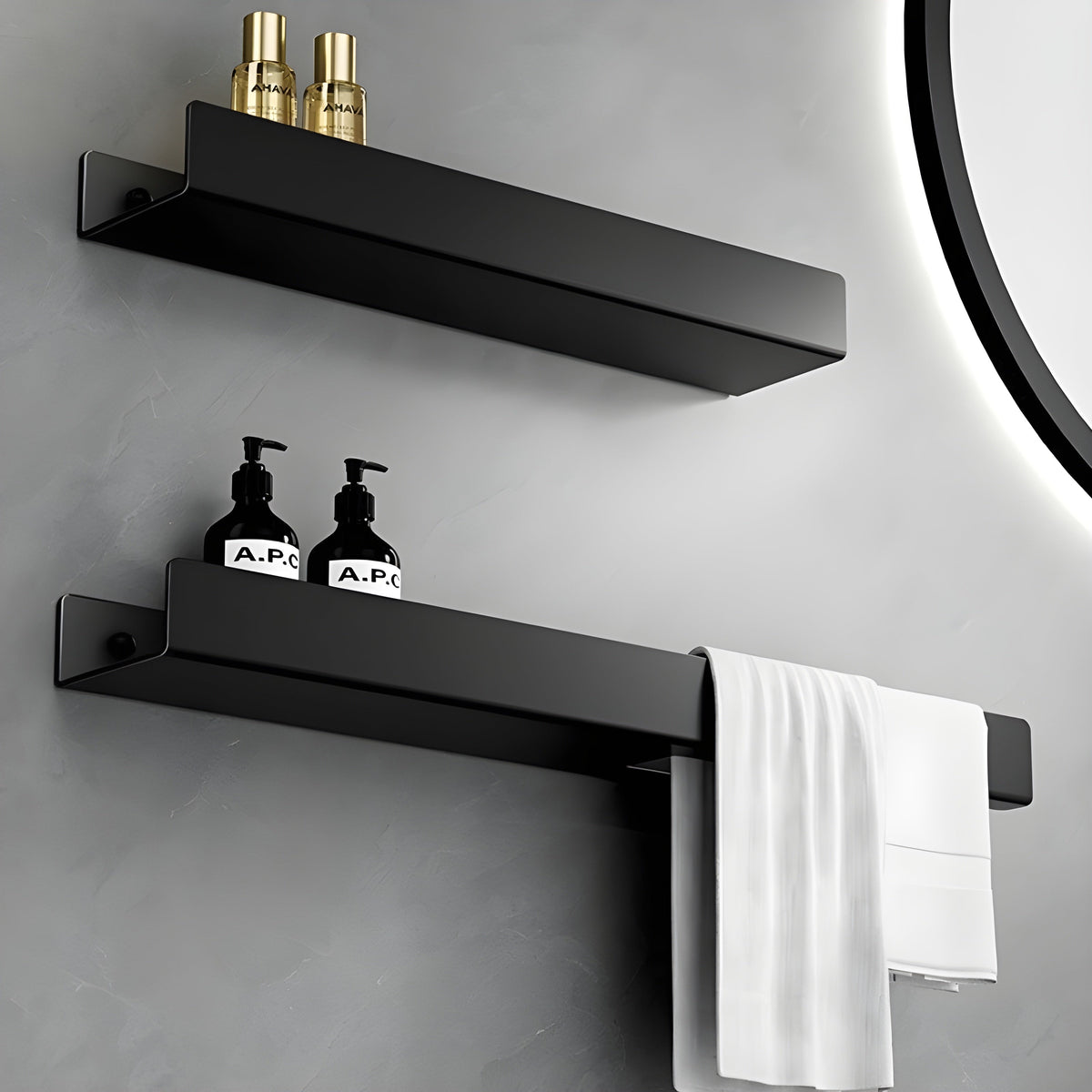 Mensola da bagno nera – Design moderno con barra per asciugamani | Pratica soluzione di stoccaggio per il bagno