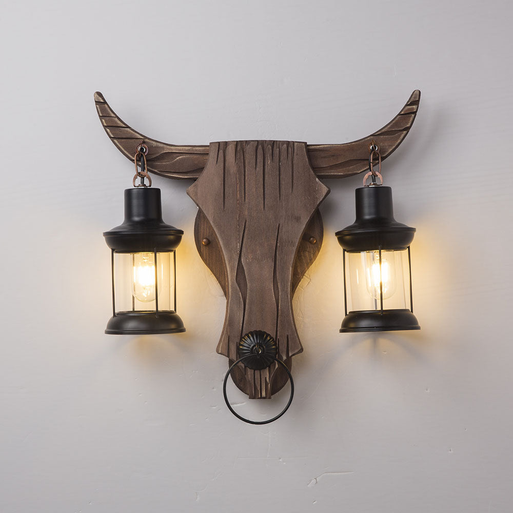 Lampada da Parete Austin Forma di Toro Vintage, 2 Teste Legno/Metallo, Camera da Letto