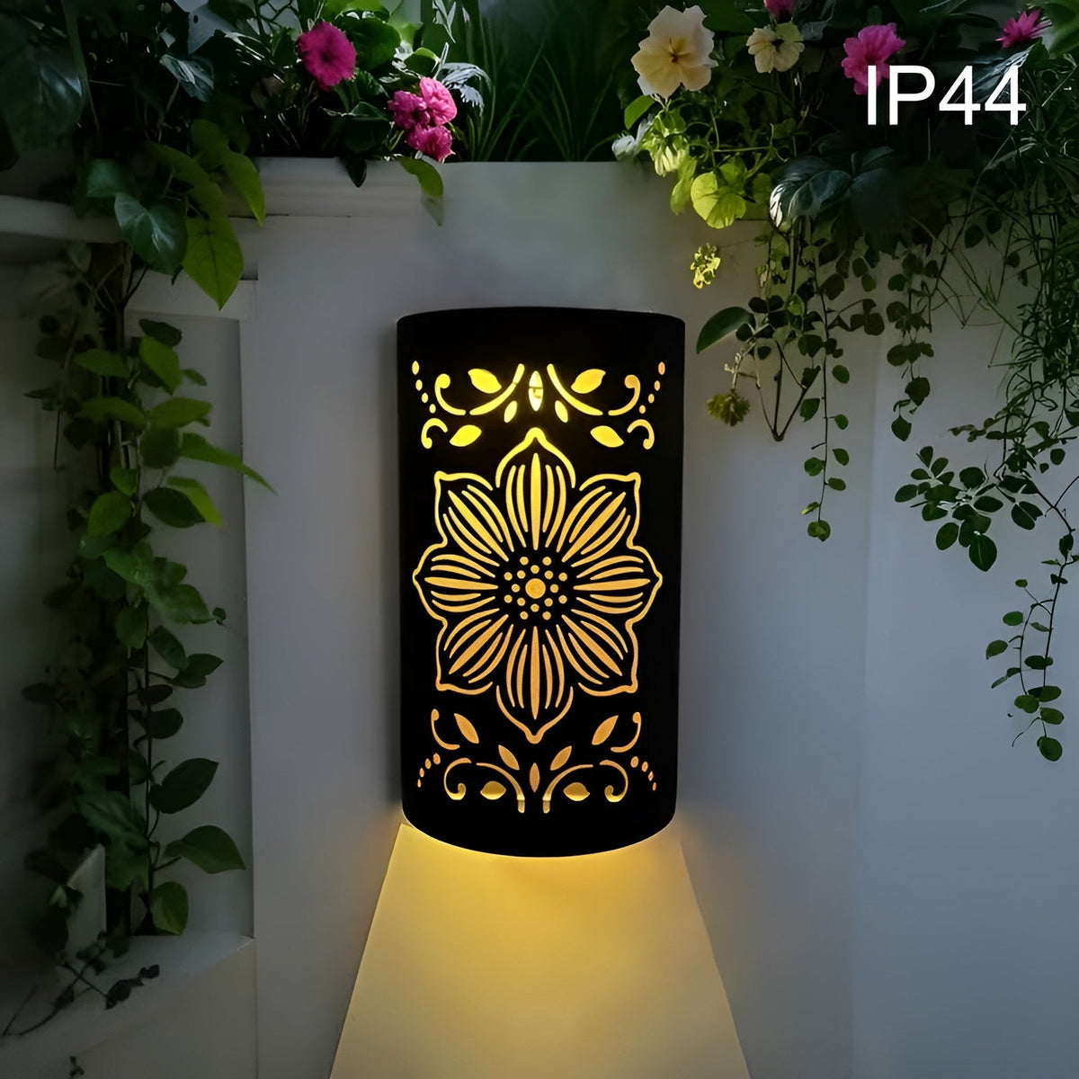 Lampada da parete solare con motivo floreale – Illuminazione decorativa per esterni in nero | Resistente alle intemperie per giardino e terrazza
