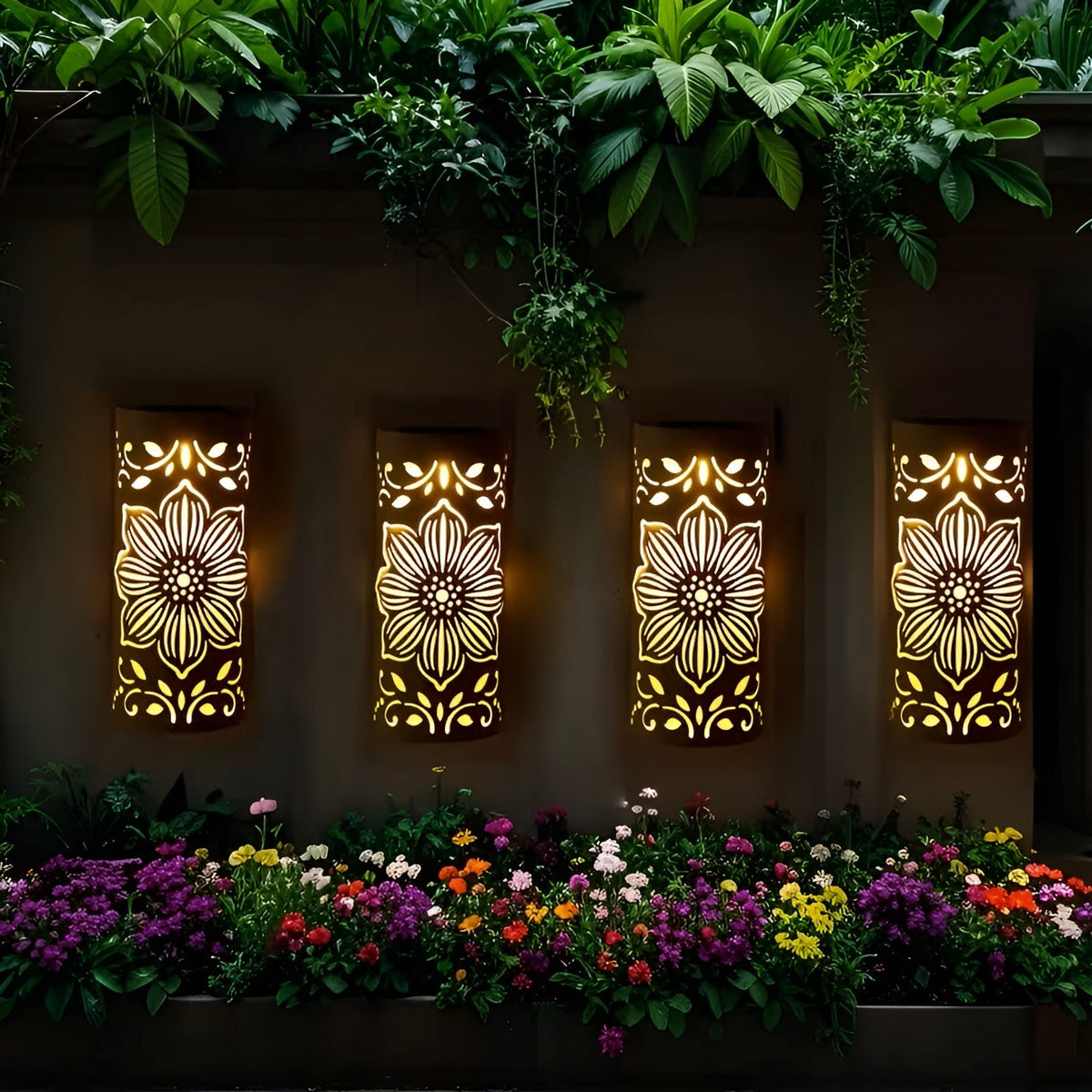 Lampada da parete solare con motivo floreale – Illuminazione decorativa per esterni in nero | Resistente alle intemperie per giardino e terrazza