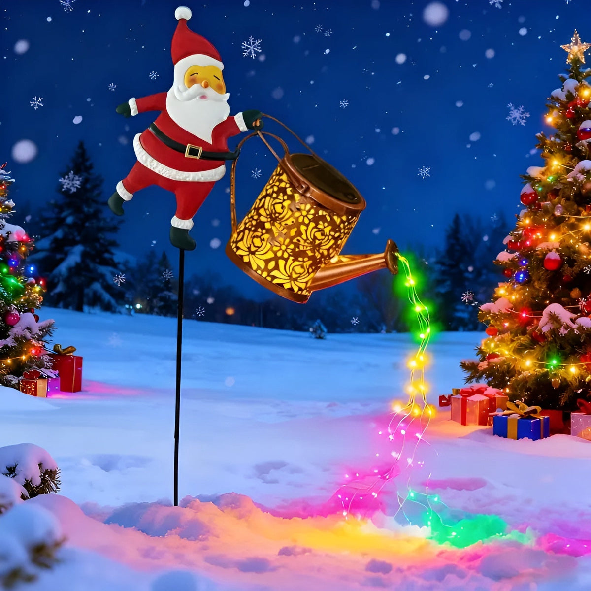 Illuminazione Natalizia Solare con Babbo Natale e Lanterne – Decorazione per Giardino e Terrazza | Bianco Caldo e Colorato, Senza Batteria