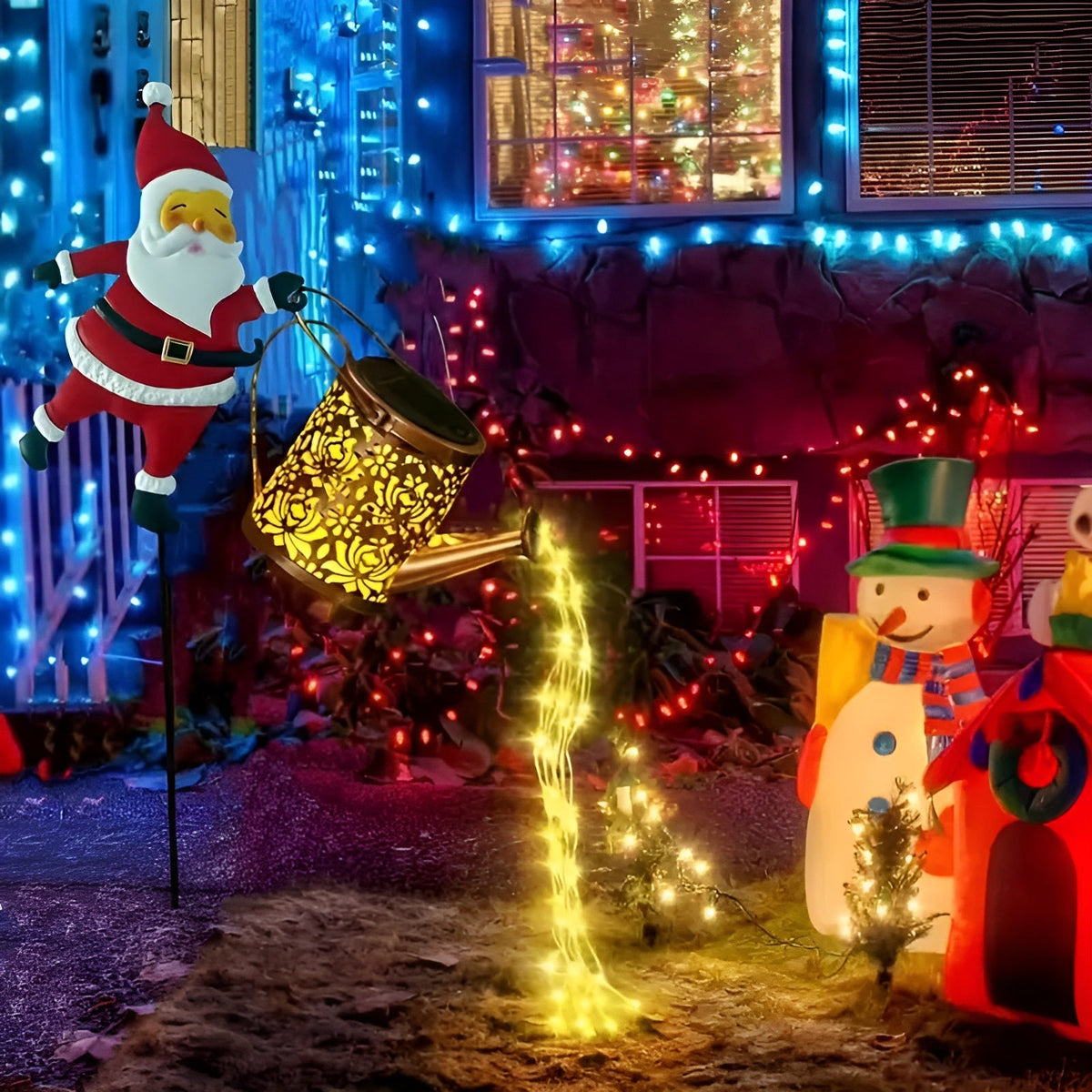 Illuminazione Natalizia Solare con Babbo Natale e Lanterne – Decorazione per Giardino e Terrazza | Bianco Caldo e Colorato, Senza Batteria