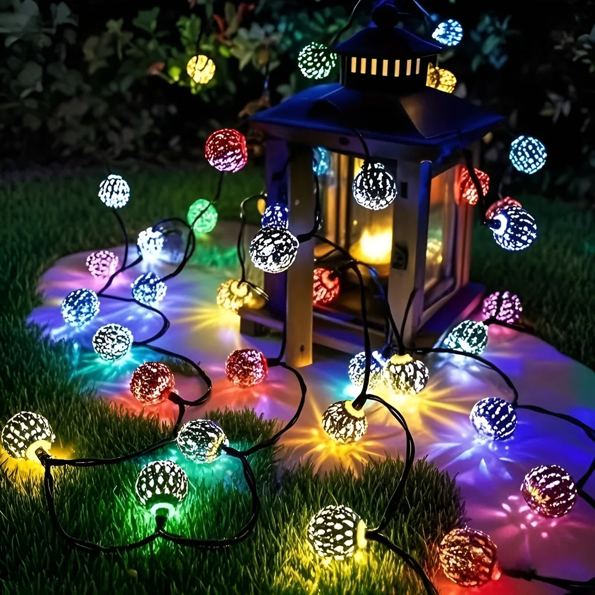Lampade a sfera solari in stile marocchino – Colorata stringa di luci LED per giardino e balcone