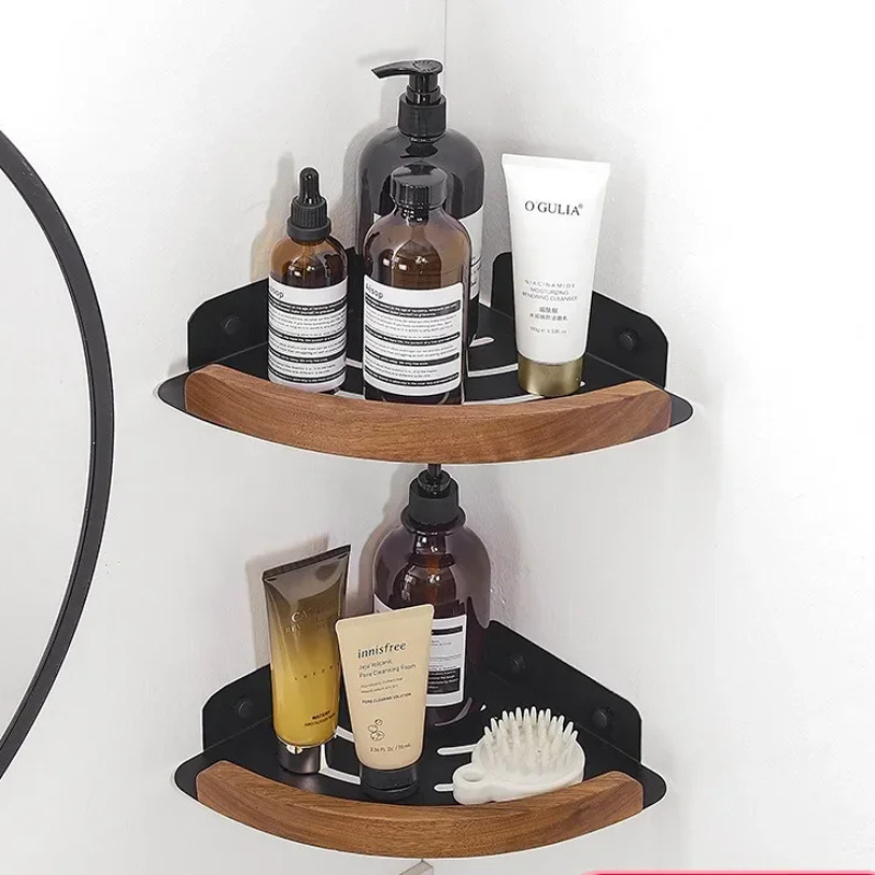 Portasciugamani in Legno Massello e Alluminio con Doppio Ripiano da Muro