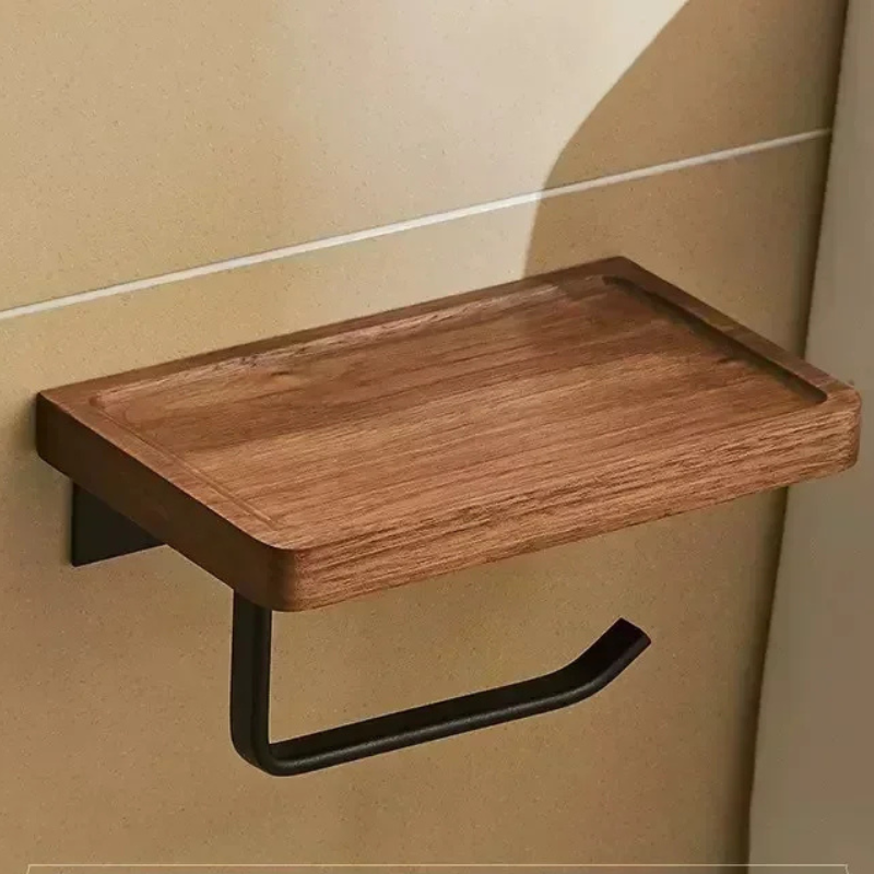 Portasciugamani in Legno Massello e Alluminio con Doppio Ripiano da Muro