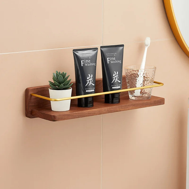 Mensola da Bagno in Legno Massello, Supporto da Muro con Porta Asciugamani