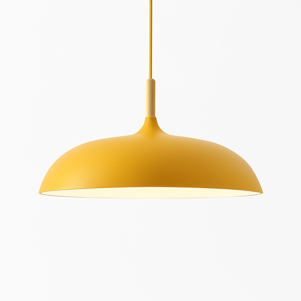 Sospensione in alluminio colorato e stelo in legno