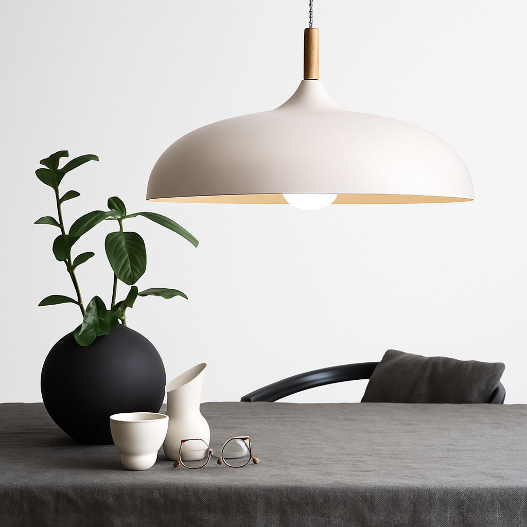 Sospensione in alluminio colorato e stelo in legno