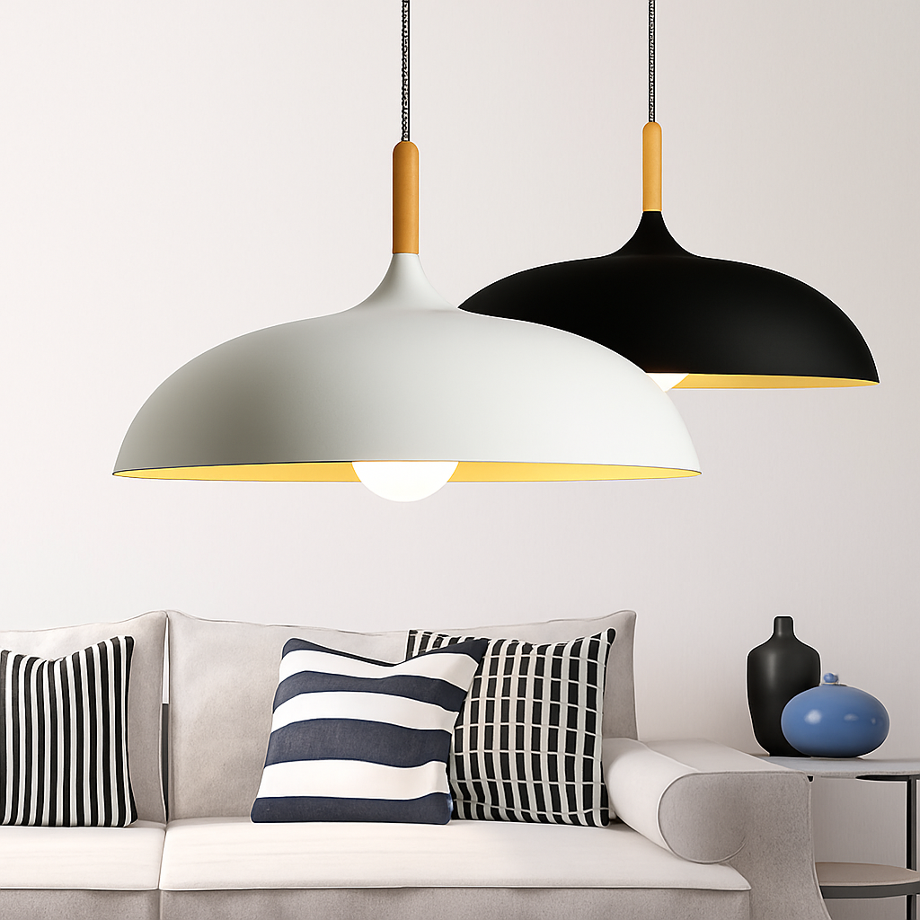 Sospensione in alluminio colorato e stelo in legno