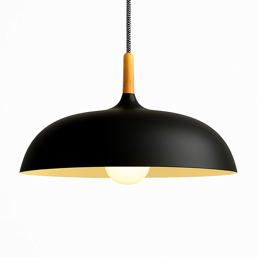Sospensione in alluminio colorato e stelo in legno