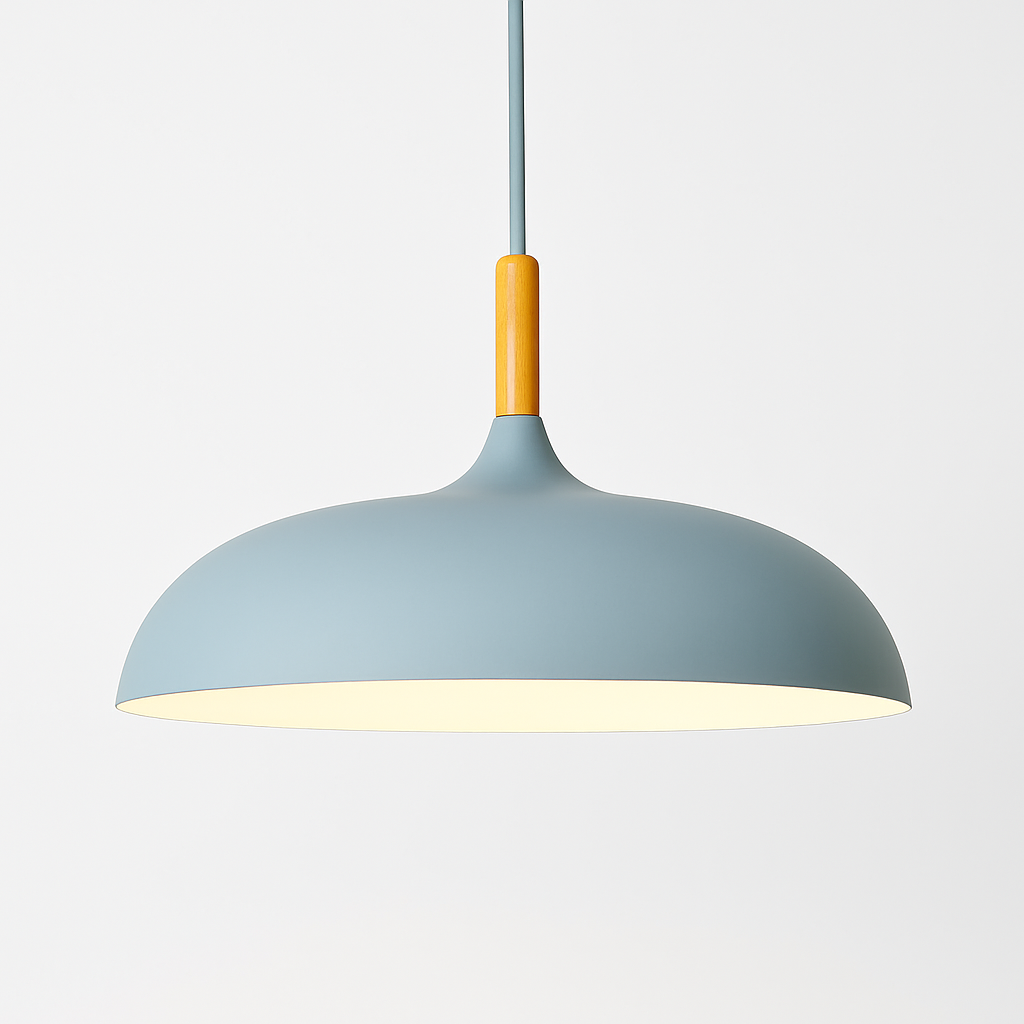 Sospensione in alluminio colorato e stelo in legno