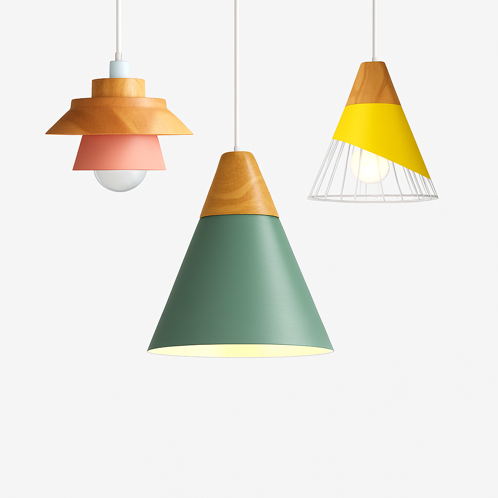 Sospensione in metallo colorato e legno di forme diverse Nordic