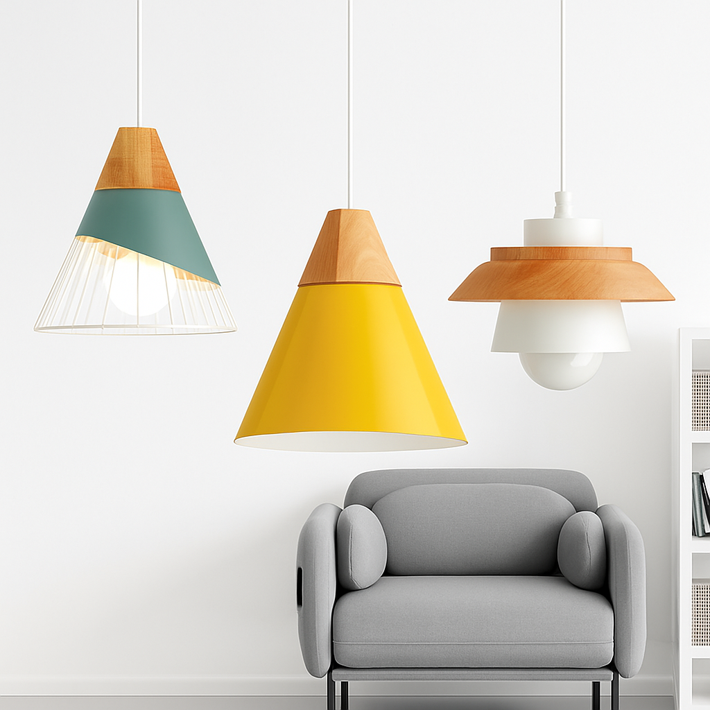 Sospensione in metallo colorato e legno di forme diverse Nordic