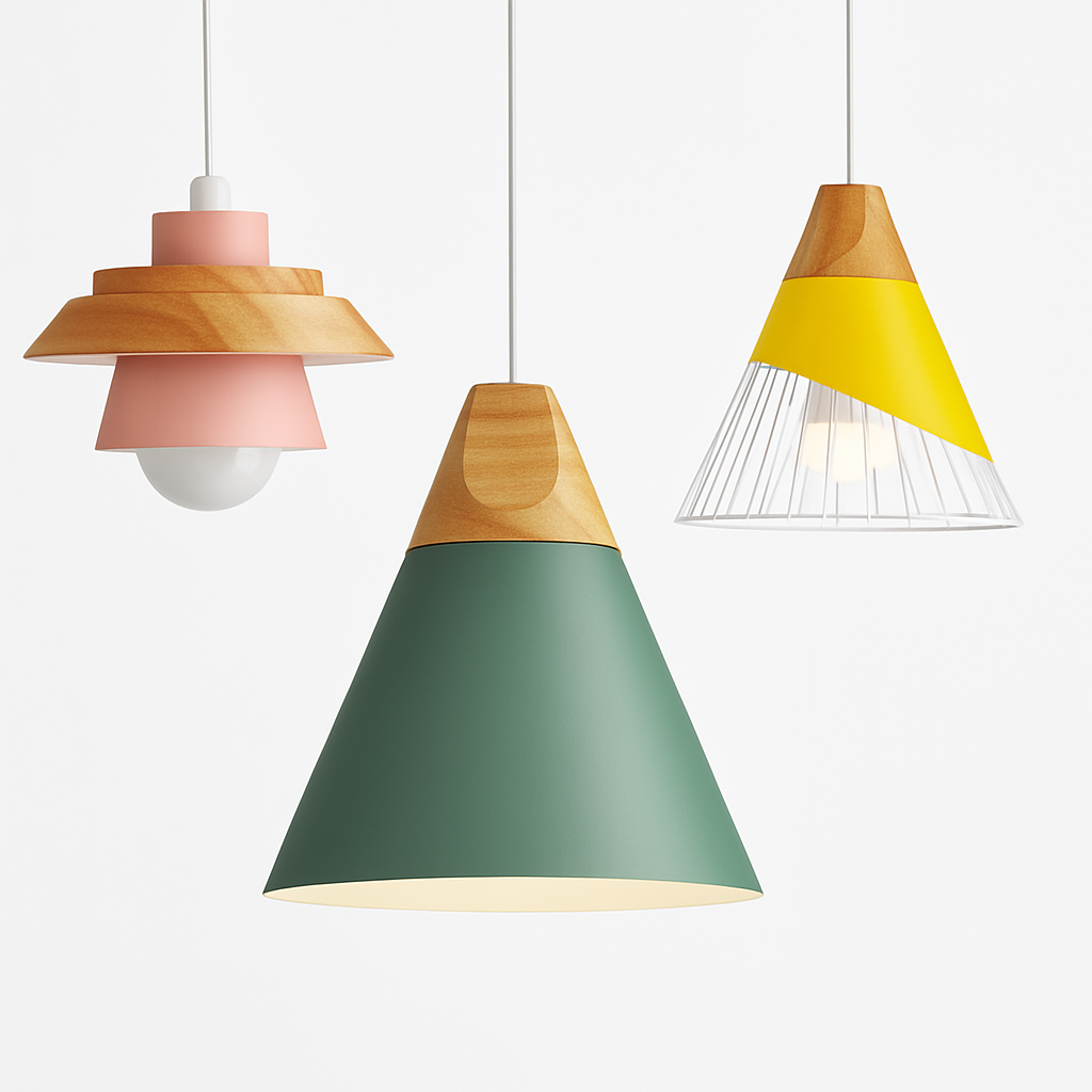 Sospensione in metallo colorato e legno di forme diverse Nordic
