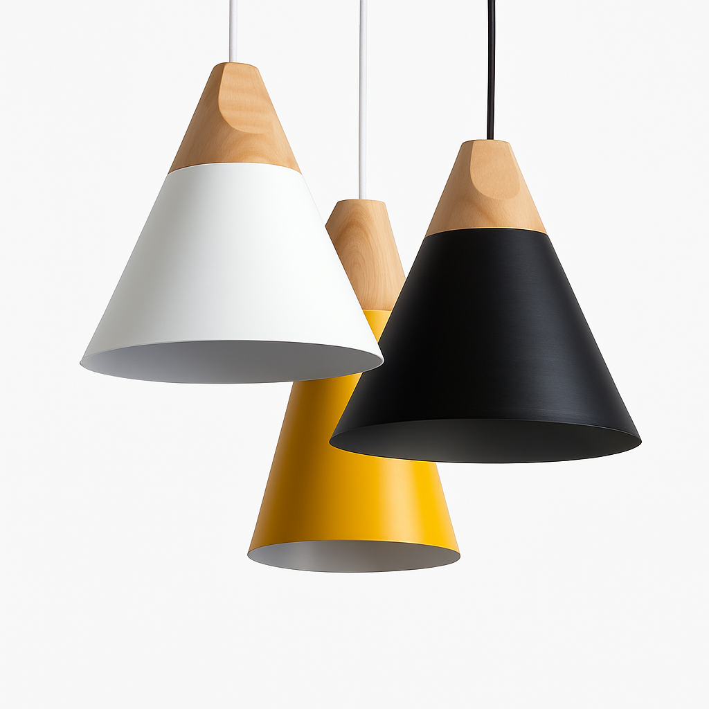 Sospensione LED in legno e alluminio a forma di cono