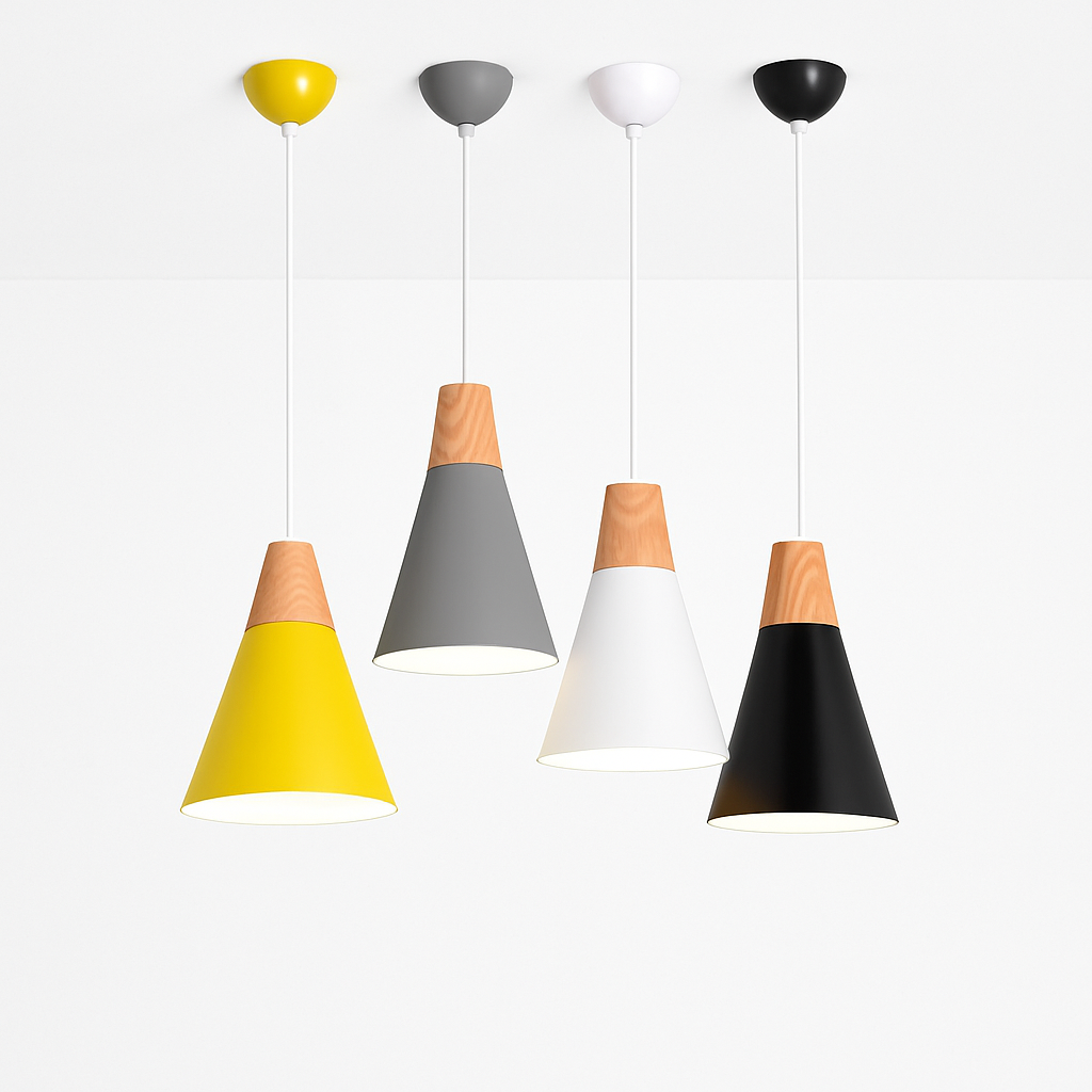 Sospensione LED in legno e alluminio a forma di cono